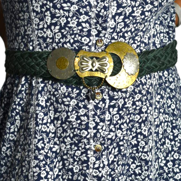 Baer SF Braided Belt Green Waxed Embellished Mixed Metals Discs Artsy Handmade - Picture 2 of 16